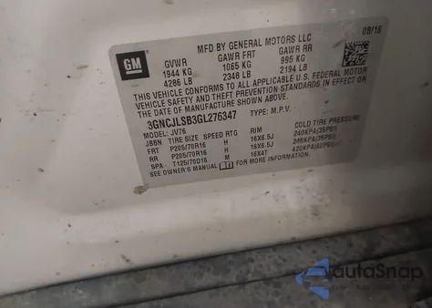 2016 Chevrolet Trax Lt z USA, uszkodzony, nr VIN 3GNCJLSB3GL276347